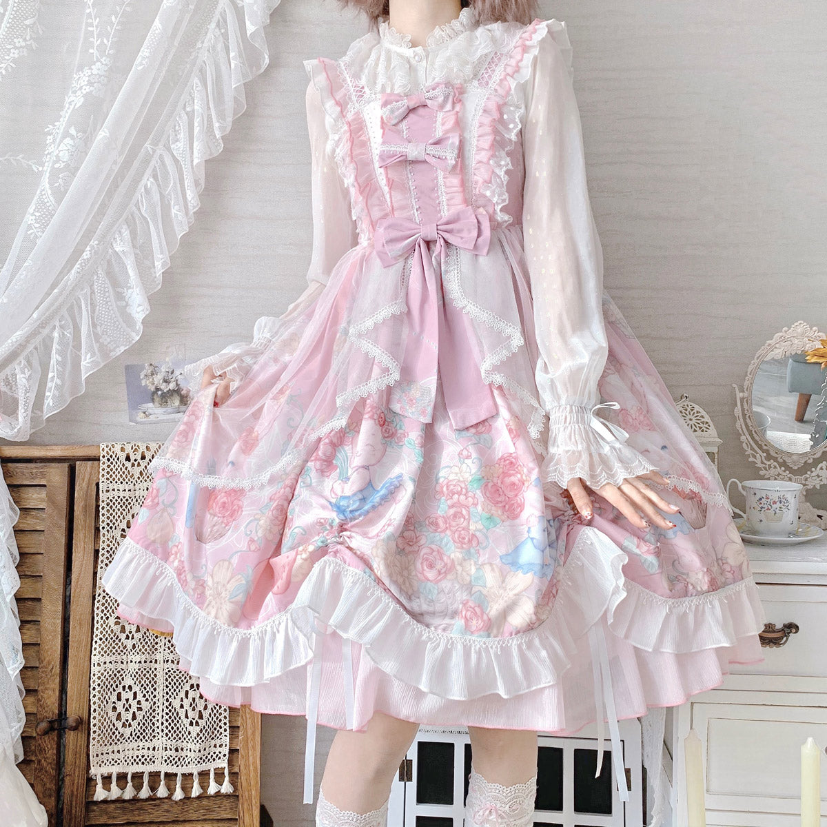 Sweet Lolita Cupcake Cat Print JSK Dress with Lace Ruffles Big Bow Kawaii Princess Style